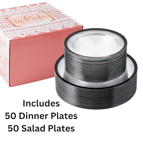 By Madee Heavyweight 100 PCS Clear and Black Disposable Plates for Party | 50 Dinner Plates & 50 Dessert Plates | Black Plates Disposable for Party | Nice Plastic Plates