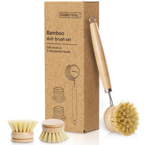 Bamboo Pot Dish Brush,3 Pack Natural Wooden Scrub Brush with Sisa...