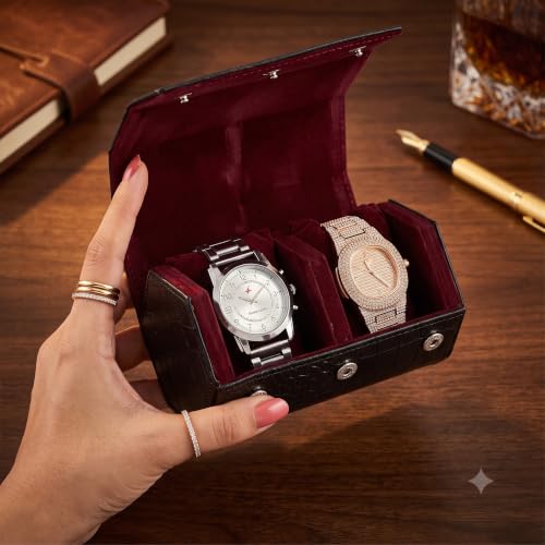 Image of essart Faux Leather Watch Roll Case, Black, 2 Slot