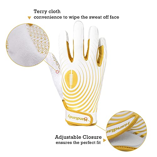 Handlandy Youth Football Gloves, Sticky Wide Receiver Gloves For Kids & Adult, White And Gold Stretch Fit Football Gloves (Medium) #TOP2