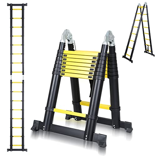 Randaco Escalera Telescópica 5M, Aluminio Escalera Extensible Plegable Multipropósito Portátil, Extensión Escalera Multiusos Portátil 2,5M+2,5M, Carga Máxima 150 kg, Negro