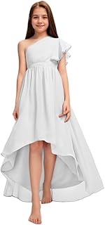 Junior Bridesmaid Dresses for Girls One Shoulder Ruffle Sleeves Chiffon Flower Girl Dress for Wedding Party Pageant - Buy now