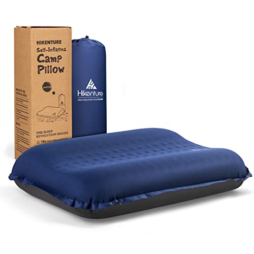 HIKENTURE Self Inflating Camping Pillow, Soft Foam Inflatable Pillow, Ergonomic 3D Support Blow Up Pillow, Portable Compressible Travel Pillow for Camping, Hiking, Sleeping