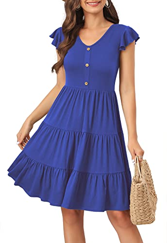 Image of Lamilus Summer Dresses for Women 2026 Ruffle Sleeve V Neck Non-See Through Tiered Babydoll Mini Dress Graduation Beach