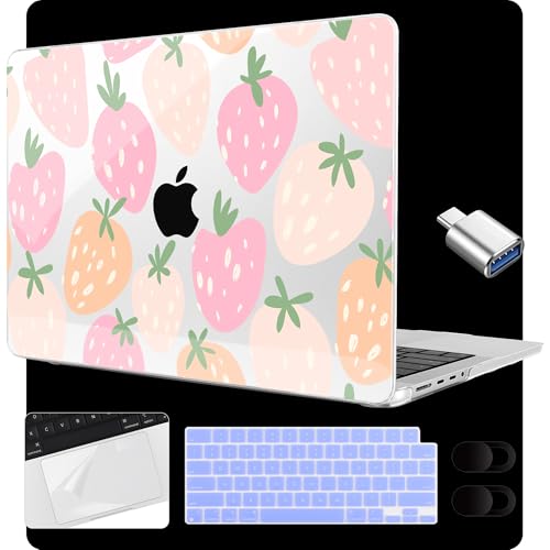 Image of MEEgoodo Case for M5 MacBook Pro 16 inch Case 2026 2024 2023 2021 with M5 M4 M3 M2 M1 Pro /Max Chip, Fit Model A3429 /A3428 /A3403 /A3186 /A2991 /A2780 /A2485, Colorful Drawn Strawberries