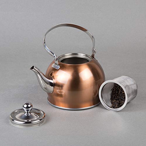 Creative Home Royal Stainless Steel Tea Kettle With Folding Handle, Removable Infuser Basket Aluminum Capsulated Bottom For Even Heat Distribution, 1.0 Quart, Copper Finish (77094) #TOP3