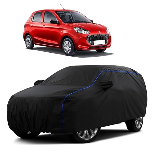 Image of Sulfar 100% Water Resistant Car Body Cover Compatible with Mirror for Maruti Suzuki Alto K10 (Triple Stitched, Full Bottom Elastic, Black Tafetta with Blue Piping)