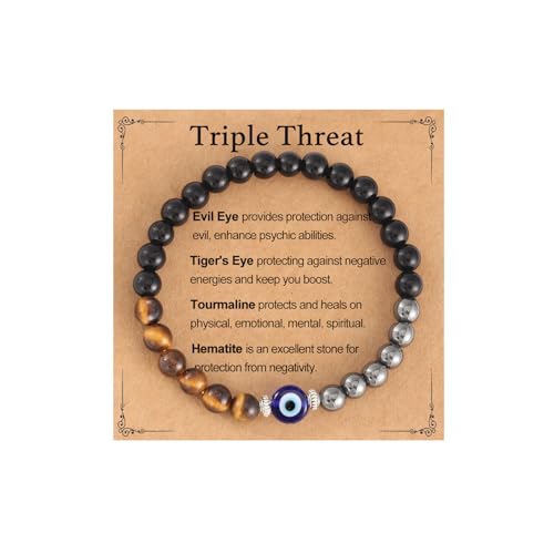 AULSIEY Evil Eye Beaded Bracelets for Women Evil Eye Jewelry Protection Bracelet Tigers Eye Hematite Black Tourmaline Bracelet for Men Tripe Threat Bracelets for Women-6mm Bead