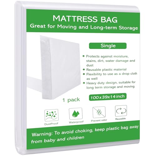 Dntorx Single Size Mattress Bag for Moving and Storage, Waterproof Plastic Mattress Protector 2.76 Mil Heavy Duty Mattress Cover for Moving– 255 X 100 X 35cm