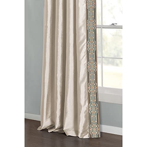 Lush Decor Luxury Traditional Regency Faux Silk Border Trim Window Curtain Panel (Single), 84" L X 52" W, Neutral & Dusty Blue #TOP2