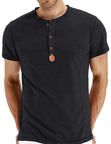 Yong Horse Men's Fashion Casual Basic Short Sleeve Henley T-Shirt Cotton Tshirts Mens Slim Fitted Shirts Three Buttons Front Placket Solid Color Teens Boys Summer Gym Workout Activewear (Grey, S)