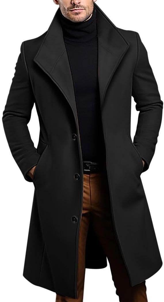 Wool Trench Coat for Mens Mid Long Single Breasted Lapel Pea Coats Winter Business Casual Overcoats with Pockets