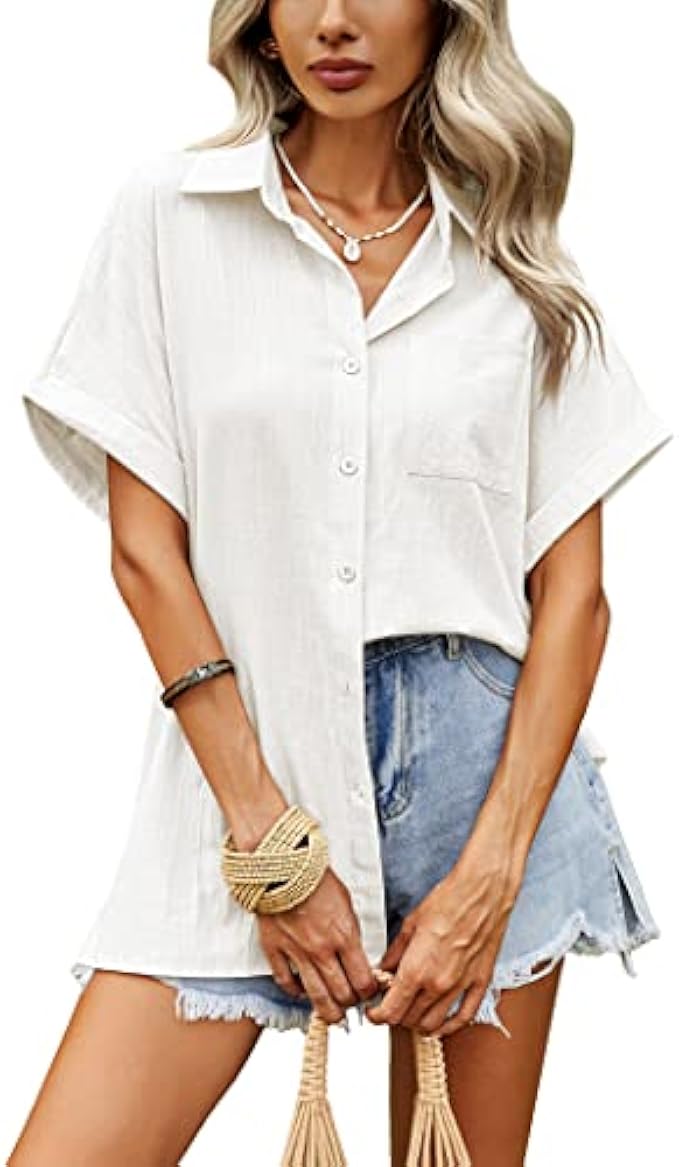 Hotouch Button Down Shirt for Women Short Sleeve Linen Shirts Formal Work Blouses Casual Business Tops S-XXL