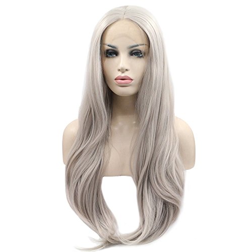 Melody Long Natural Straight Wigs For Women Hair Silver Grey Wigs Synthetic Grey Lace Front Wigs Heat Resistant Fiber Hair Wigs Platinum Grey Glueless Soft Lace Wigs 24"