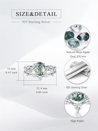 Natural Moss Agate Ring for Women 925 Sterling Silver Pear/Oval/Kite Cut Green Leaf Moss Agate Engagement Ring Promise Bridal Ring Set Anniversary Birthday Jewelry Gift-OMN92