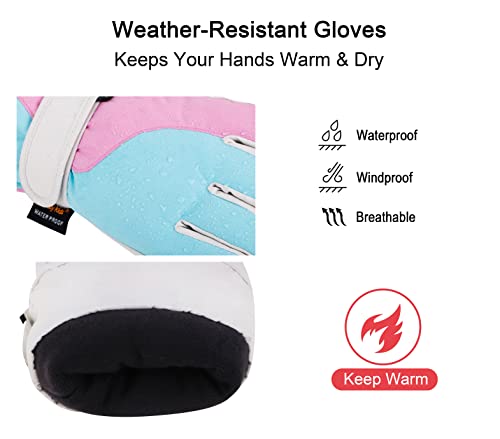 Lullaby Kids Toddler Winter Gloves Snow Gloves For Kids Girls Waterproof Ski Gloves Unisex Kid's Waterproof Ski Snow Gloves, Pink Blue Grey, S(4-6Y) #TOP3