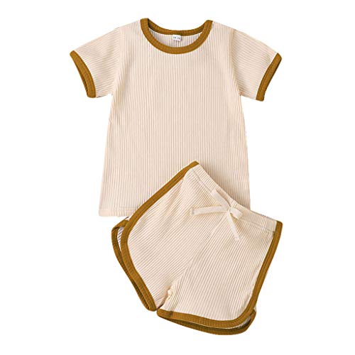 Unisex Toddler Baby Boy Girl Summer Clothes Short Sleeve T-Shirt Tops+Short Pants Ribbed Two Piece Solid Outfit Set (C-Apricot, 18-24 Months)