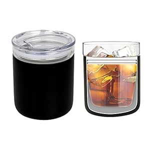 Whiskey Glass Cups Cooling with Insulated Stainless Steel Sleeves, Removable Glass Insert, 10oz Double Vacuum Insulated Steel Base Liquor Tumbler, Keep Cool-Black