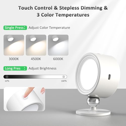 Image of Racokky LED Wall Lights 2 Pcs with Remote, Wall Sconces Lamp 3000mAh Rechargeable Battery Operated, 3 Color Temperatures & Dimmable Magnetic 360 Rotation Cordless Light for Bedroom Reading(White)