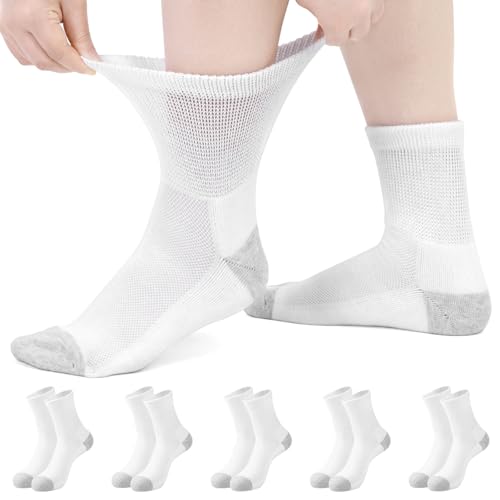 NIIRKIIR Diabetic Ankle Socks for Women Non Binding Wide Top for Elderly Seamless Loose Cushion for Swollen Feet White 5 Pairs