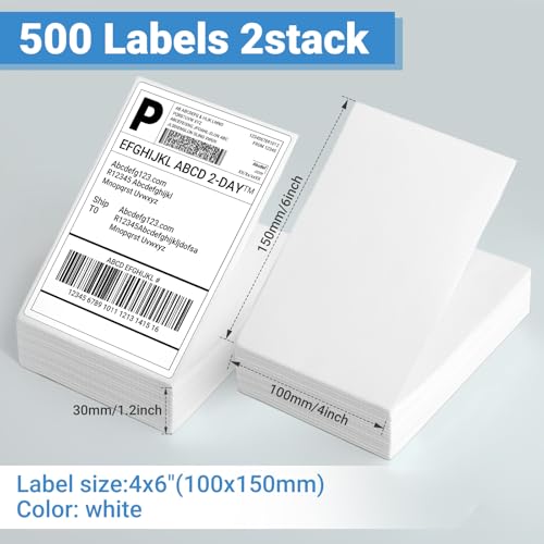 500 Blatt (2×250Blatt) 4 x 6 Versandetiketten Selbstklebend, 100mm × 150mm Thermo Etiketten, BPA-freie adressetiketten selbstklebend für die meisten Labeldrucker, Ideal für Package Tracking.