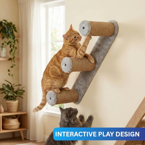 Image of Wall-Mounted Cat Scratching Post, Sisal Rope with Plush Mice Toys, Grey and Natural, Interactive Play (24X6 INCH) (FURR-157) (Grey)