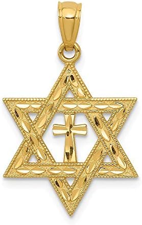 JewelryWeb 14k Yellow Gold Messianic Textured Religious Judaica Star of David With Cross Pendant - 16mm x 22mm - Star of David with Cross Necklace - Interfaith Gift for her