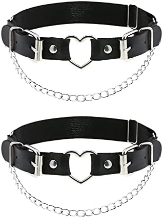 alisikee 2PCs Leather Leg Garter with Chains, Elastic Rock Heart Thigh Garter for Ladies, Black