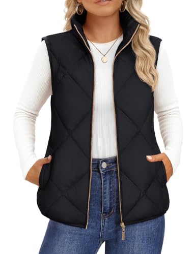 YUCOLEN Womens Quilted Vest Stand Collar Sleeveless Jacket Black S