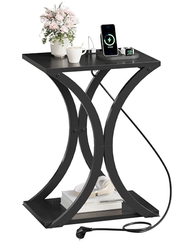CHOEZON Zweistöckiger Schmaler Beistelltisch, Schmaler Nachttisch mit Ladestation, Beistelltisch mit Steckdose, Sofatisch, Couchtisch für Kleine Räume, Wohnzimmer, Schlafzimmer, Schwarz DTBZ20CBB