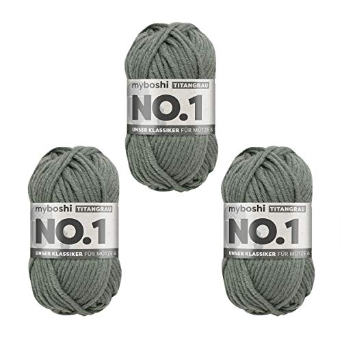 myboshi Strick- und Häkelgarn, Modell No.1 mit Merinowolle, dickes Garn, Acrylharz, Titangrau, 3_Knäuel