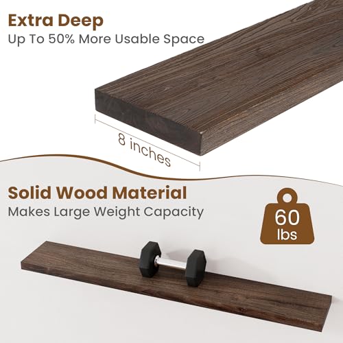 Image of Floating Shelves for Wall Decor, 8 Inch Deep Rustic Solid Elm Wood Floating Shelves Wall Mounted, Wall Shelves with Invisible Bracket for Living Room Bathroom Bedroom Kitchen, 48 Inch Set of 1, Walnut