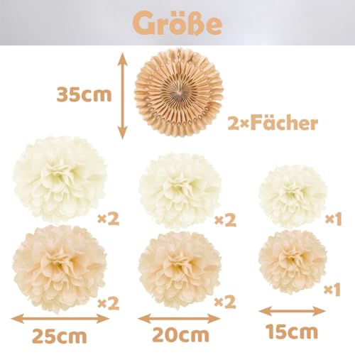 Beige Deko 12 Stk. Pompons Hellbraun Seidenpapier Pompoms Geburtstagsdeko Papier Fächer Braun Pom Poms Set für Hochzeit Babyparty Neutral