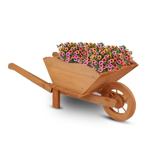 BONAFIDE Large Outdoor Garden Wheelbarrow Planter, Rustic Garden Wagon Planter Cart with Wheel & 2 Long Handles, Heavy Duty Rustic Large Outdoor Ornaments (BROWN)