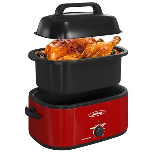 Sunvivi 22 Quart Electric Roaster Oven Turkey Roaster with Lid Electric Roasters with Removable Pan Large Roaster,Visible & Self-basting Lid, Fast Heating & Thaw/warming Setting,Red