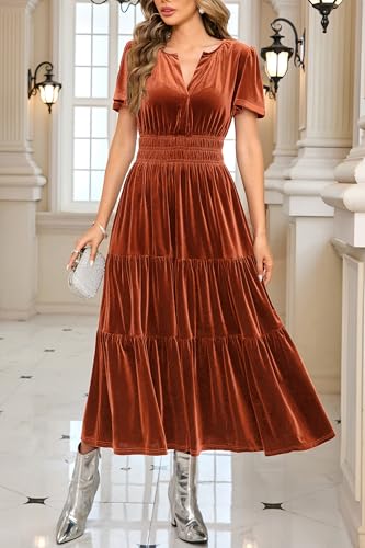 R.Vivimos Women's Fall Winter Vintage Velvet Dress Short Sleeve V Neck Elastic Waist Tiered Ruffle A-Line Flowy Maxi Dress3