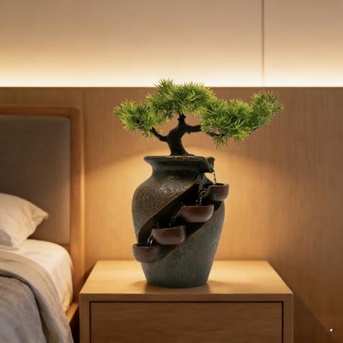 8.7inch Vase Type Artificial Bonsai Tree Fake Plant Mini Tabletop Waterfall Fountain with Water Flow, Indoor Desktop Decoration for Office Restaurant Coffee Home Decor or Festival Birthday Surprise