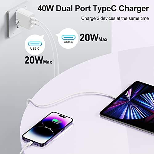40W Usb C Charger For Iphone 14 13, [Apple Mfi Certified] Dual Port 20W Type C Fast Charging Block With Lightning Cable For Iphone 14 13 12 11 Pro Max 6Ft Usb Cord For Ipad Pro Air Mini Samsung #TOP3