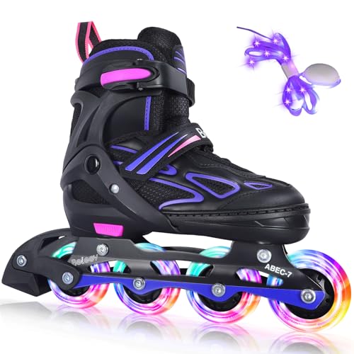 BELEEV Inline Skates with Light-Up Wheels & Shoelaces, 4-Size Adjustable Roller Blades for Kids, Boys & Girls Ages 5-8, 8-12, 6-12, Illuminating Skates for Youth & Women, Beginner Outdoor/Indoor Use