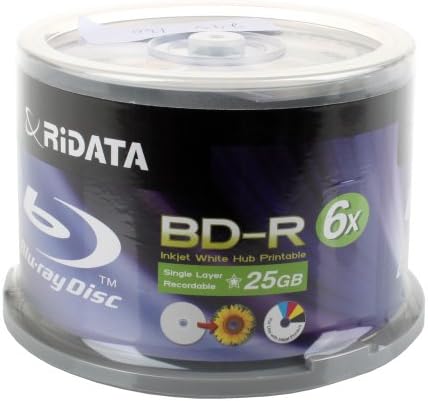 Ridata BD-R 6X 25GB Blu-ray Media White Inkjet Hub Printable Disc, Pack of 50