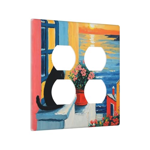 Decorative Outlet Covers Vintage Oil Painting Style Black Cat Sea Flowers 2 Gang Wall Plate Cover Double Duplex Receptacle Two Switch Light Switch Cover Plate Jumbo Dual Faceplate