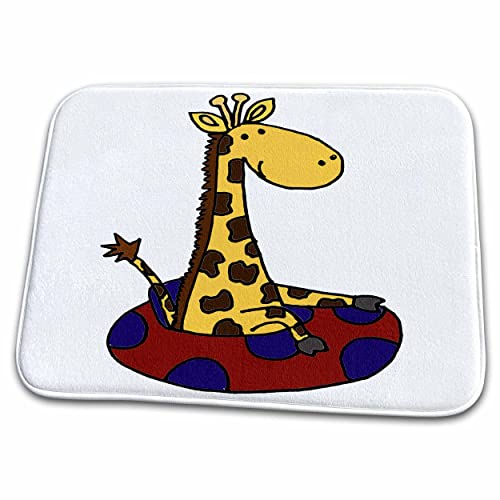 3dRose Funny Giraffe is Floating in Red and Blue Inner Tube - Dish Drying Mats (ddm-240055-1)