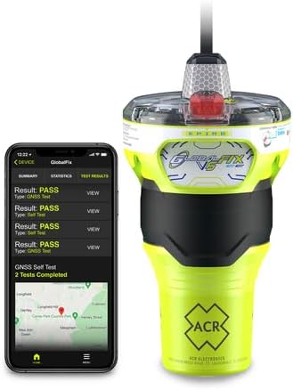 ACR GLOBALFIX V6 EPIRB next to a smartphone displaying the mobile app