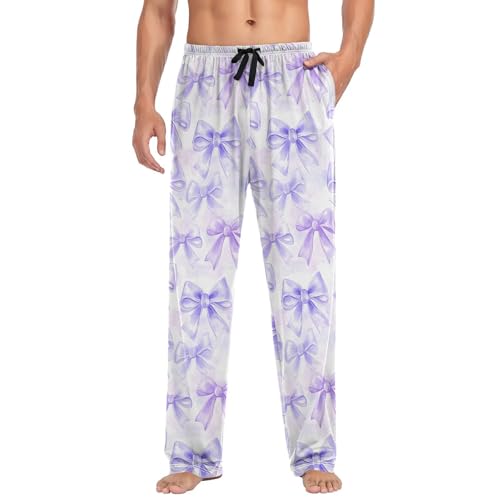 Men's White Bows Pajama Pants with Elastic Waistband | Soft Lounge Sleepwear | Breathable Sleep Pants for Home（532）3