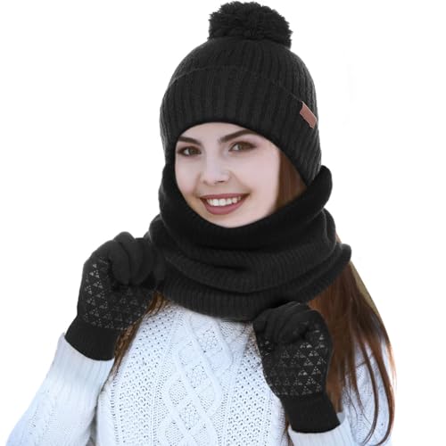 Conjunto de gorro, bufanda y guantes para mujer GALPADA de tres piezas para invierno 3