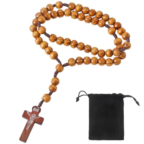 NOPKESV Collar de Rosario Católica, Cuentas de Oración Madera Natural con Medalla Jesucristo San Benito, para Cristianos Católicos Comunión Religiosa, Bautismo, Misa, Biblia, madera, hombre y mujer