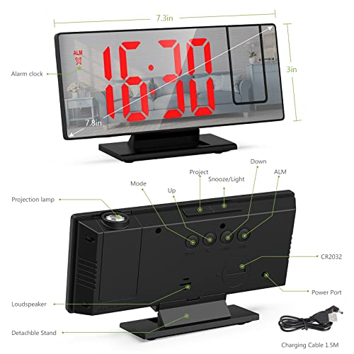 Keekit Projection Alarm Clock, Mirrored Electronic Led Alarm Clock With 7.8In Large Display, Digital Desktop Clock With Usb Port, Snooze Function, 3 Adjustable Brightness, Red #TOP7