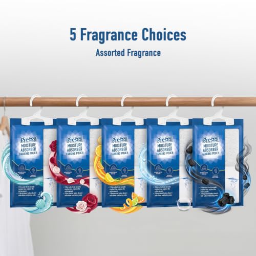 Image of Amazon Brand - Presto! Moisture Absorber Hanging Bag (220g) | Scented | Ocean Breeze, Rose, Citrus, Unscented, Charcoal | Pack of 5