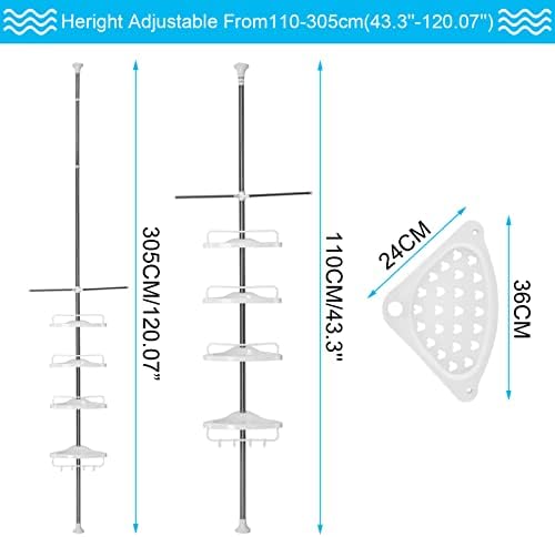 Trintion Telescopic Corner Shower Shelf 4 Tier Bathroom Corner Storage No Drilling Shower Shelves Adjustable Height 305-110 CM Shelf Storage Shower Caddy White