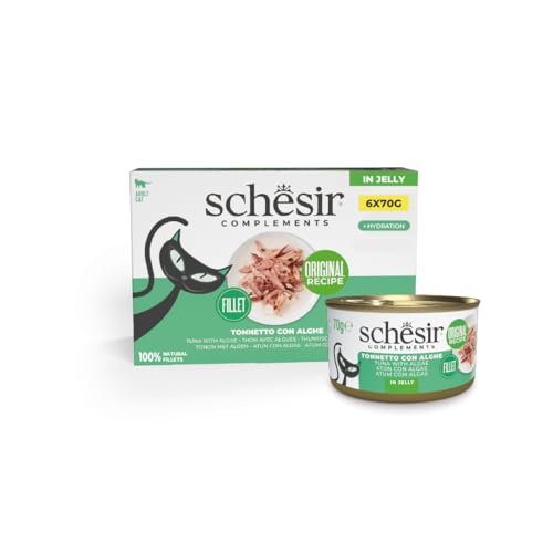 Schesir, Filetes de Atún con Algas en Gelatina, Comida Húmeda Complementaria para Gatos, Receta Original, 100% Natural, 6 latas de 70g